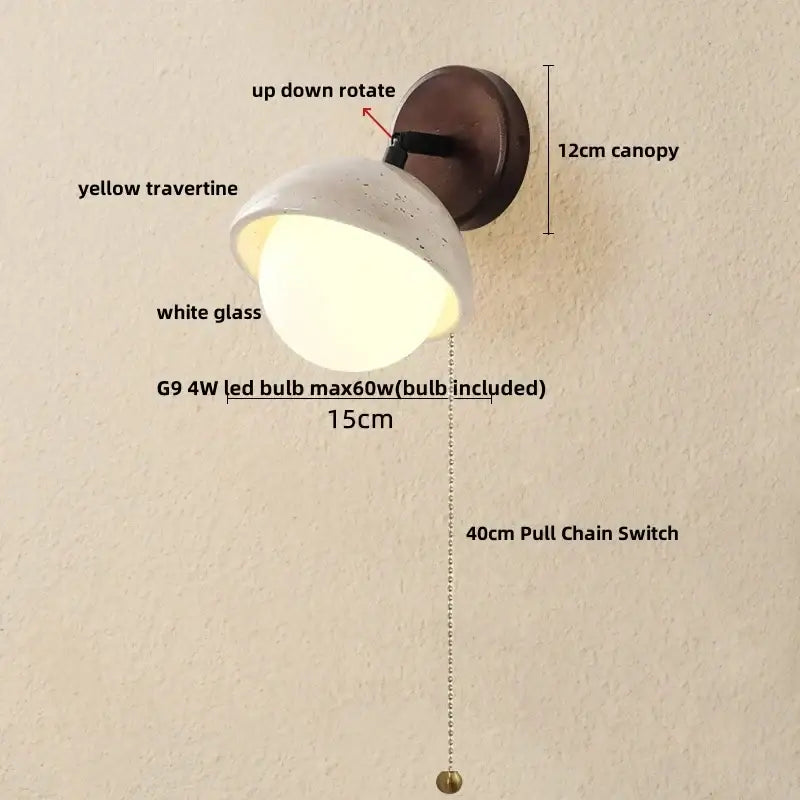 Modern concrete and wood led wall sconce with white glass dome lamp and yellow travertine base decorbites led wall