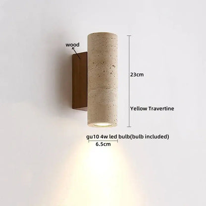 Yellow travertine cylindrical led wall sconce with wooden backplate modern concrete and wood decorbites led wall lighting