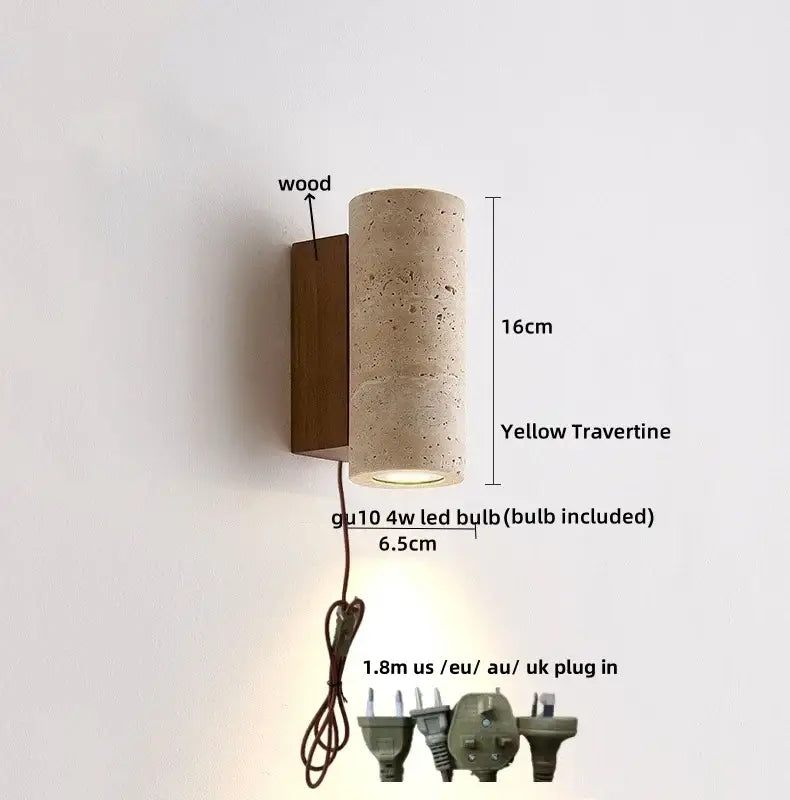 Yellow travertine cylindrical led wall sconce with wooden backplate modern concrete and wood decorbites led wall light