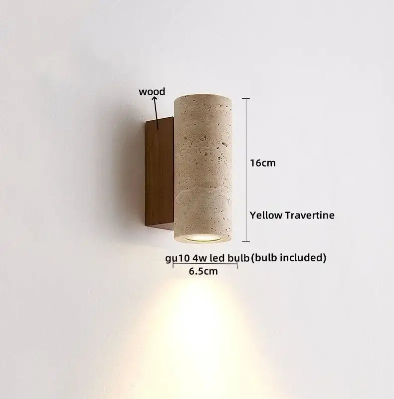 Yellow travertine cylindrical led wall sconce with wooden backplate modern concrete and wood decorbites led wall light