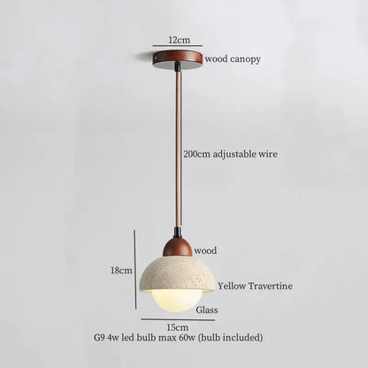 Modern pendant light with wooden canopy and stem featuring led yellow travertine 18cm glass shade for kitchen decorbites led yellow