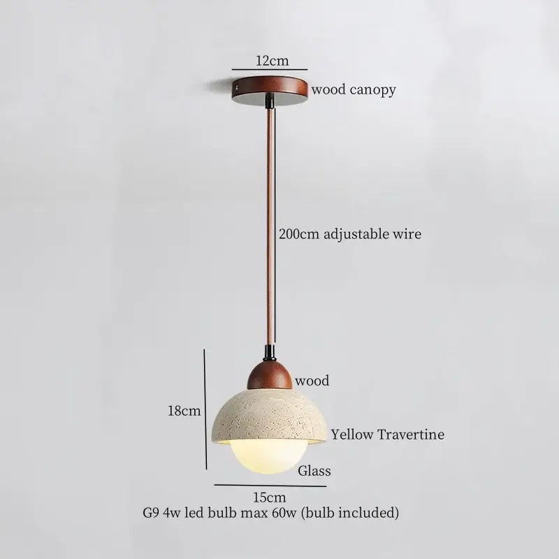 Modern pendant light with wooden canopy and stem featuring led yellow travertine 18cm glass shade for kitchen decorbites led yellow