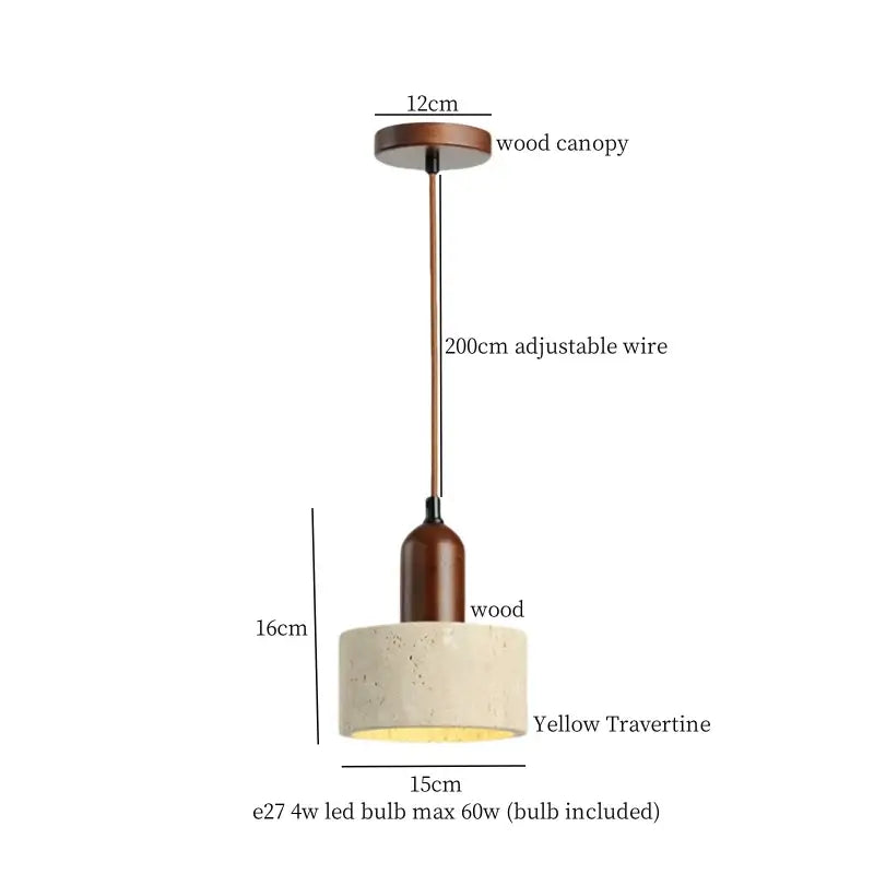 A rustic pendant light with a warm brown wooden canopy and stem featuring a led yellow travertine shade decorbites led yellow