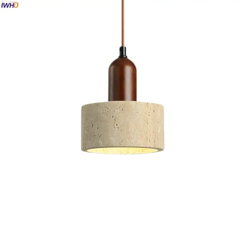 Modern pendant light with cylindrical concrete shade and dark brown wooden top featuring decorbites led yellow travertine