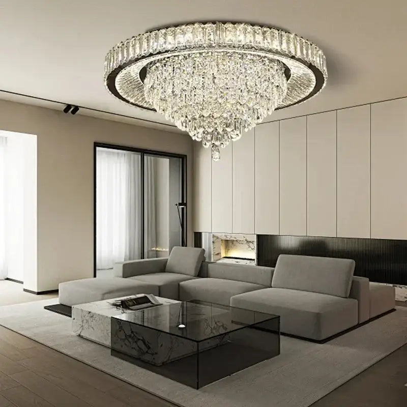 A luxury crystal ceiling chandelier with cone crystal tiers and a circular frame for modern decorbites cone crystal decor
