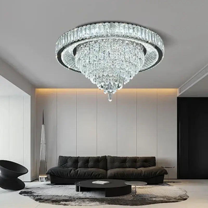 Modern cone crystal ceiling chandelier with circular frame and clear faceted glass tiers for luxury living room decorbites cone crystal