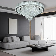 Modern cone crystal ceiling chandelier with circular frame and cascading clear crystals for luxury living room decorbites cone crystal