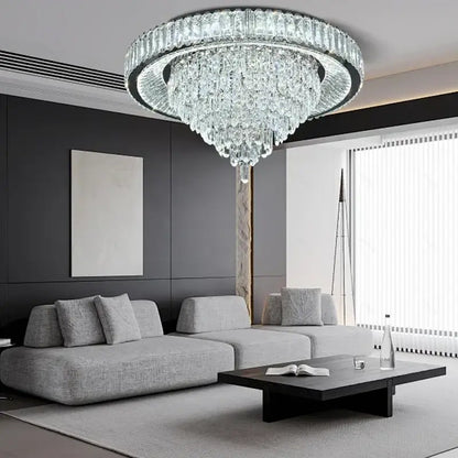 Modern cone crystal ceiling chandelier with circular frame and cascading clear crystals for luxury living room decorbites cone crystal