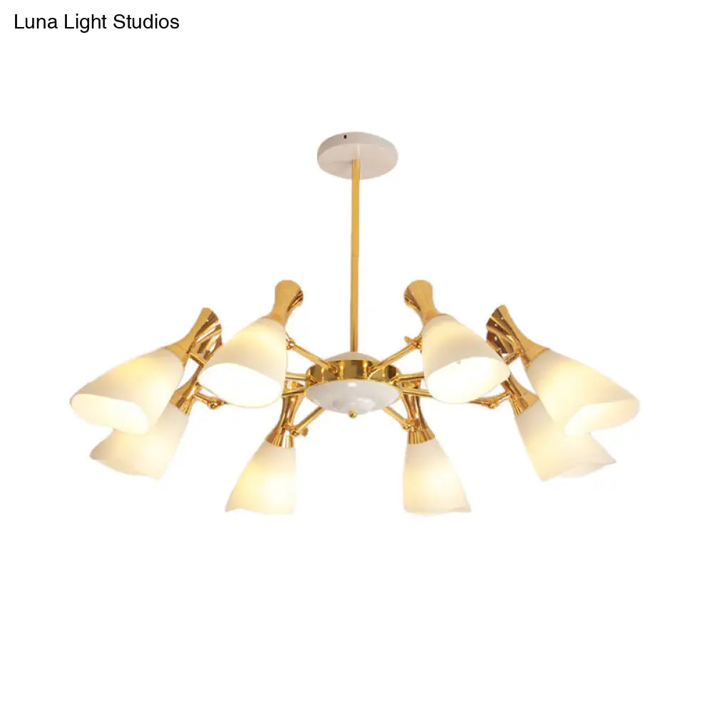 Modern Cone Frosted Glass Hanging Lamp: 6/8 Lights Gold Chandelier Fixture in Warm/White Light