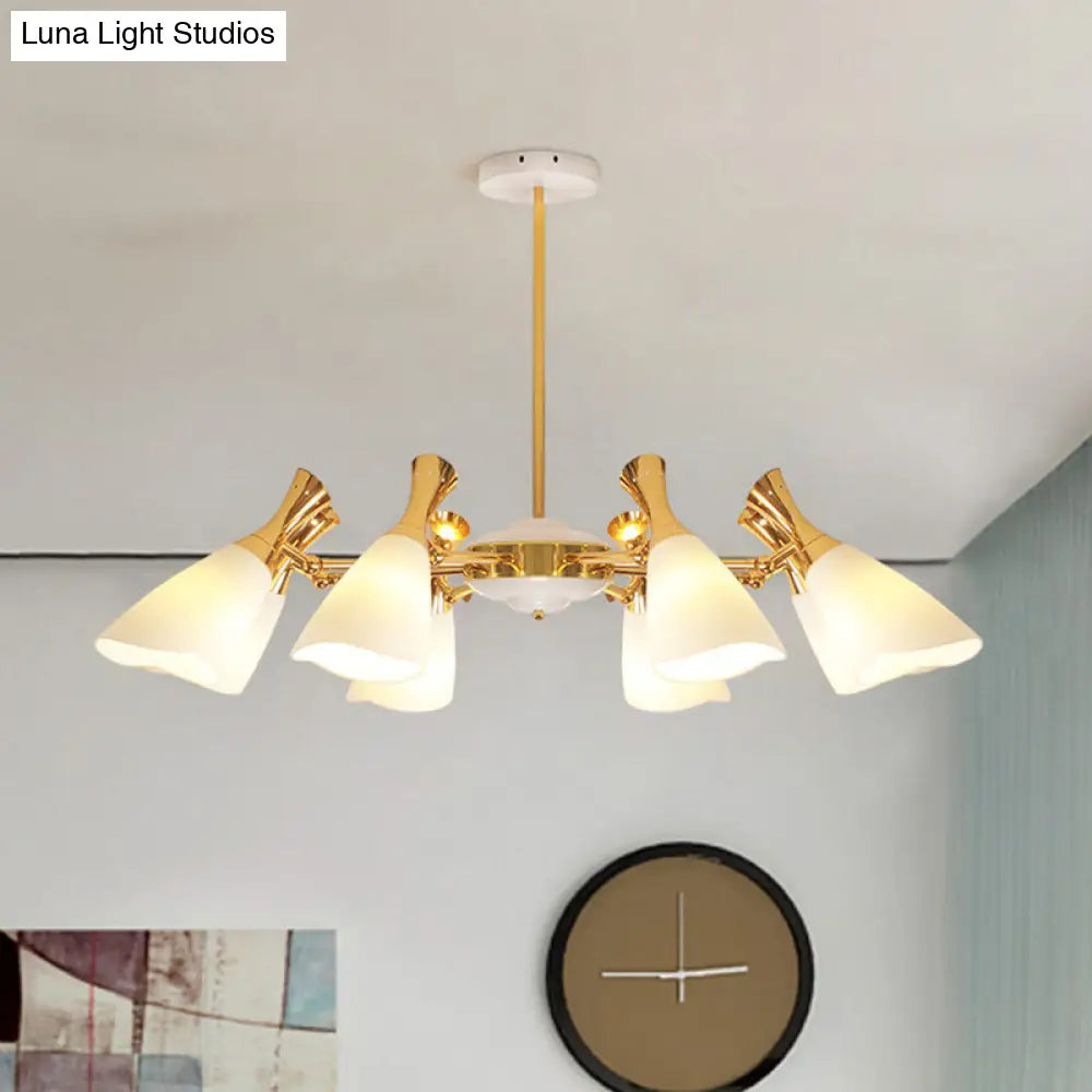 Modern Cone Frosted Glass Hanging Lamp: 6/8 Lights Gold Chandelier Fixture in Warm/White Light