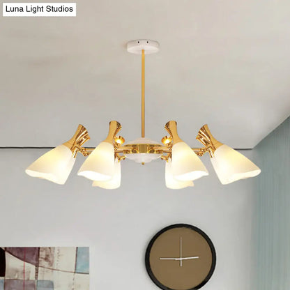 Modern Cone Frosted Glass Hanging Lamp: 6/8 Lights Gold Chandelier Fixture in Warm/White Light