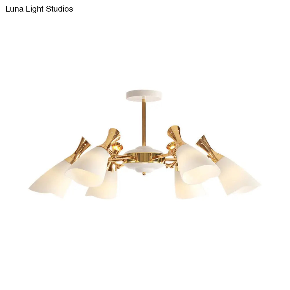 Modern Cone Frosted Glass Hanging Lamp: 6/8 Lights Gold Chandelier Fixture in Warm/White Light