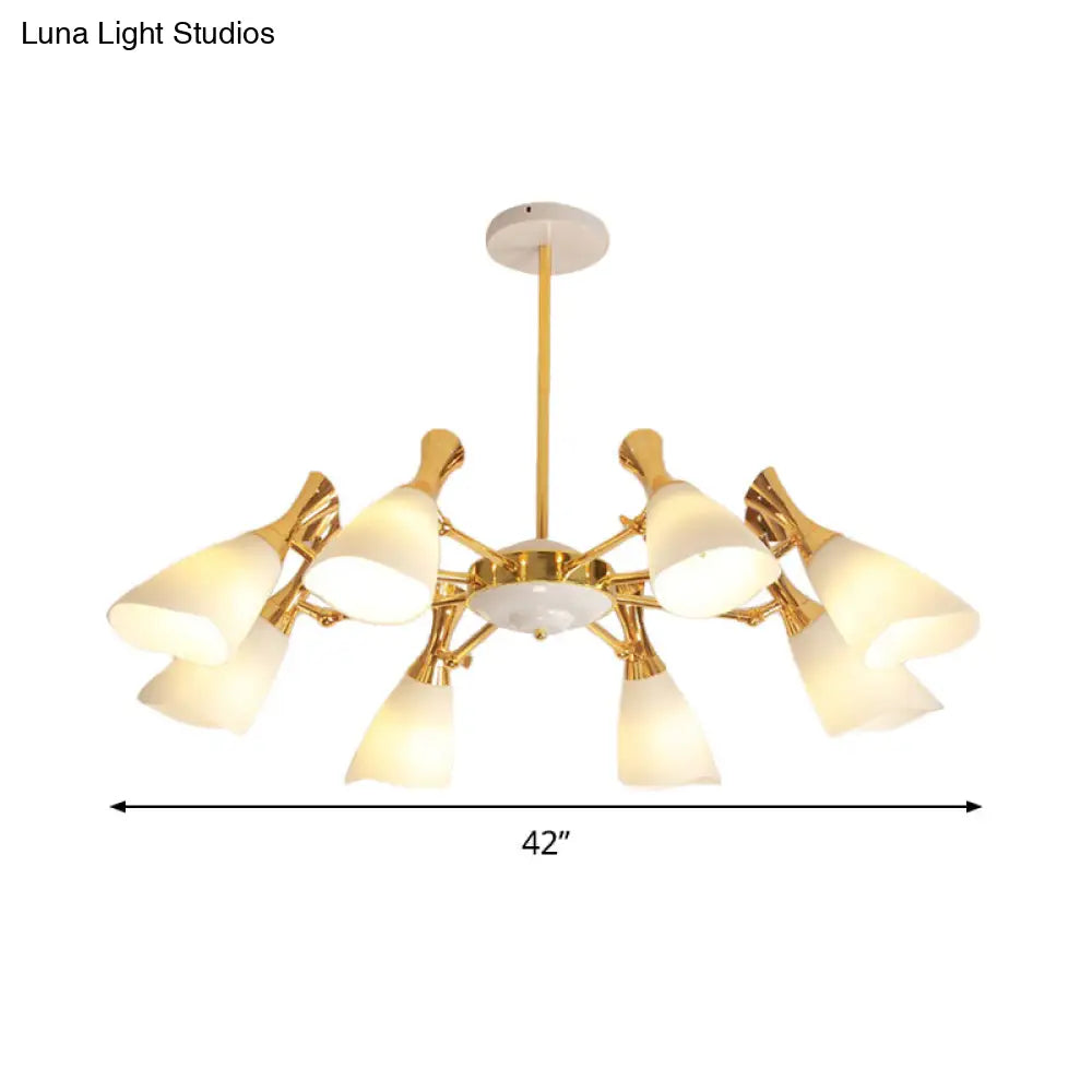 Modern Cone Frosted Glass Hanging Lamp: 6/8 Lights Gold Chandelier Fixture in Warm/White Light