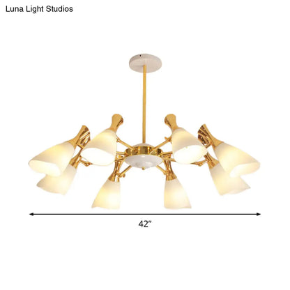 Modern Cone Frosted Glass Hanging Lamp: 6/8 Lights Gold Chandelier Fixture in Warm/White Light