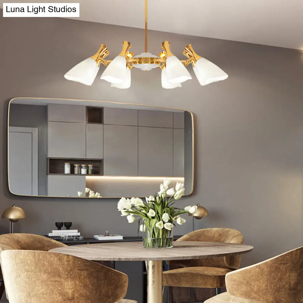 Modern Cone Frosted Glass Hanging Lamp: 6/8 Lights Gold Chandelier Fixture in Warm/White Light