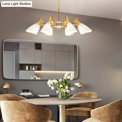 Modern Cone Frosted Glass Hanging Lamp: 6/8 Lights Gold Chandelier Fixture in Warm/White Light