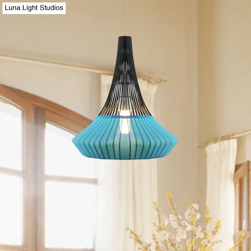 Modern Cone Shade Pendant Light - Black/Pink/Blue Fabric Hangs Beautifully in Living Room