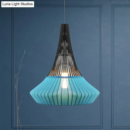 Modern Cone Shade Pendant Light - Black/Pink/Blue Fabric Hangs Beautifully in Living Room