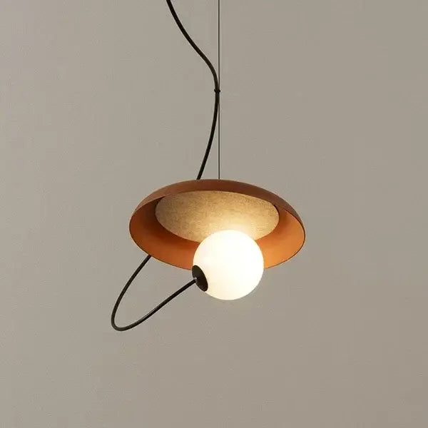 Modern copper and black grid led pendant light with warm-toned copper shade and frosted glass globe for dining room decorbites grid led