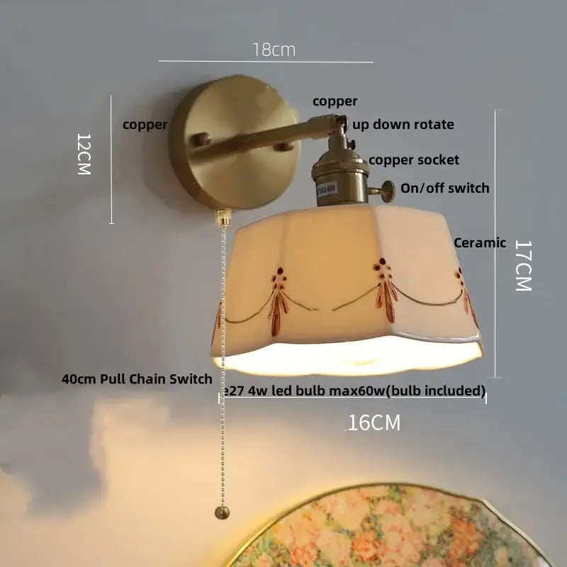 Modern copper and off-white ribbed wall light fixture with ceramic shade featuring delicate brown floral embroidery