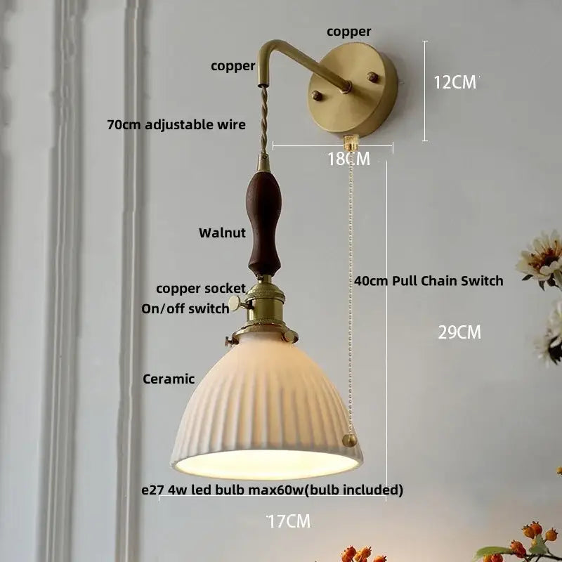 Modern copper and off-white ribbed wall light fixture with ceramic shade and walnut finish for bedroom use