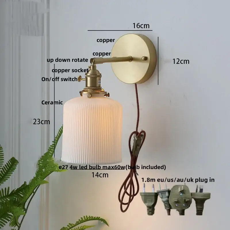 Modern copper wall light fixture with off-white ribbed ceramic shade designed as a vintage-style bedroom sconce