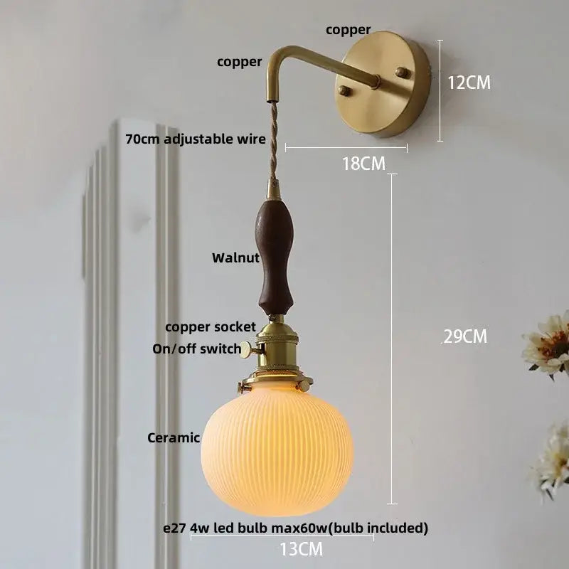 Modern copper wall light fixture with walnut handle, off-white ribbed ceramic globe, and adjustable 70cm wire for bedroom use