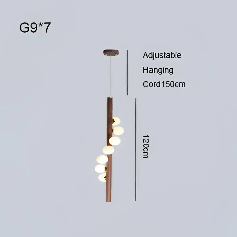 Adjustable pendant light with dark brown cylindrical stem and seven frosted white bulbs for decorbites burly wood walnut