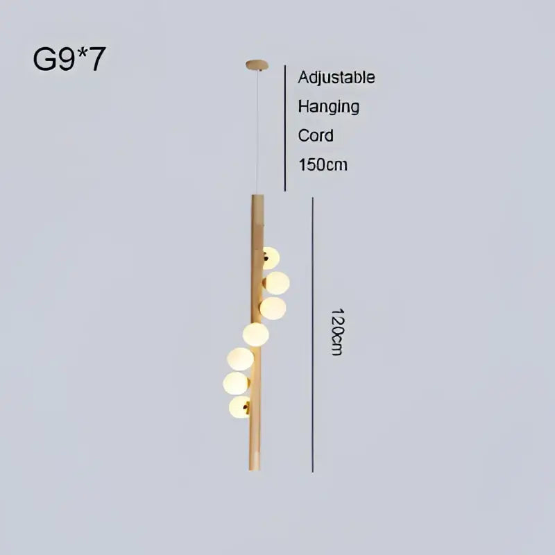 Modern pendant light with slender brass rod and seven frosted glass bulbs for decorbites burly wood walnut living room