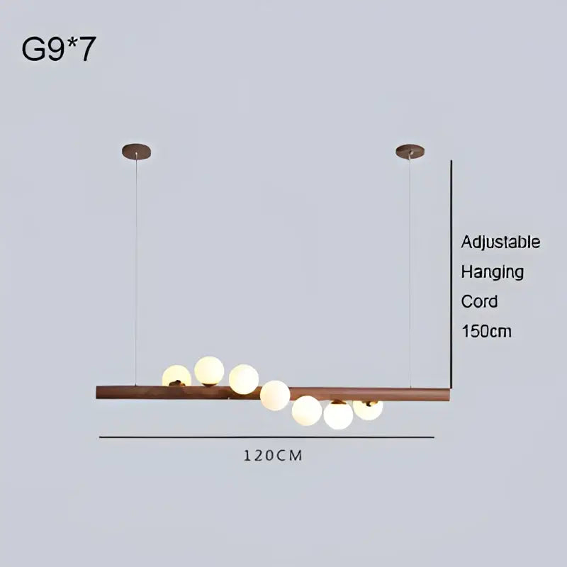 Modern minimalist pendant light with burly wood walnut bar and seven frosted glass globes for living room decorbites