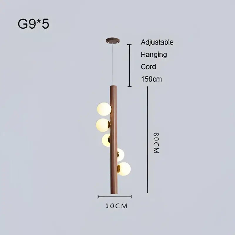Modern pendant light with vertical brass rod and five frosted glass bulbs for decorbites burly wood walnut decor