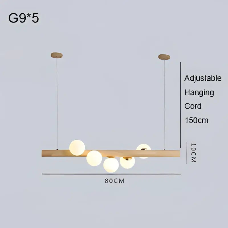 Modern pendant light with burly wood walnut bar and five frosted glass globes by decorbites for living room decor