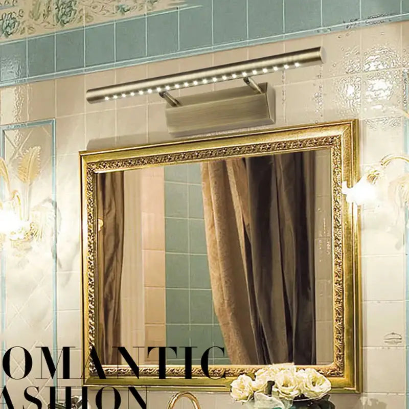 Modern copper bathroom mirror light with sleek brushed nickel led vanity strip above ornate gold-framed mirror decorbites copper bathroom