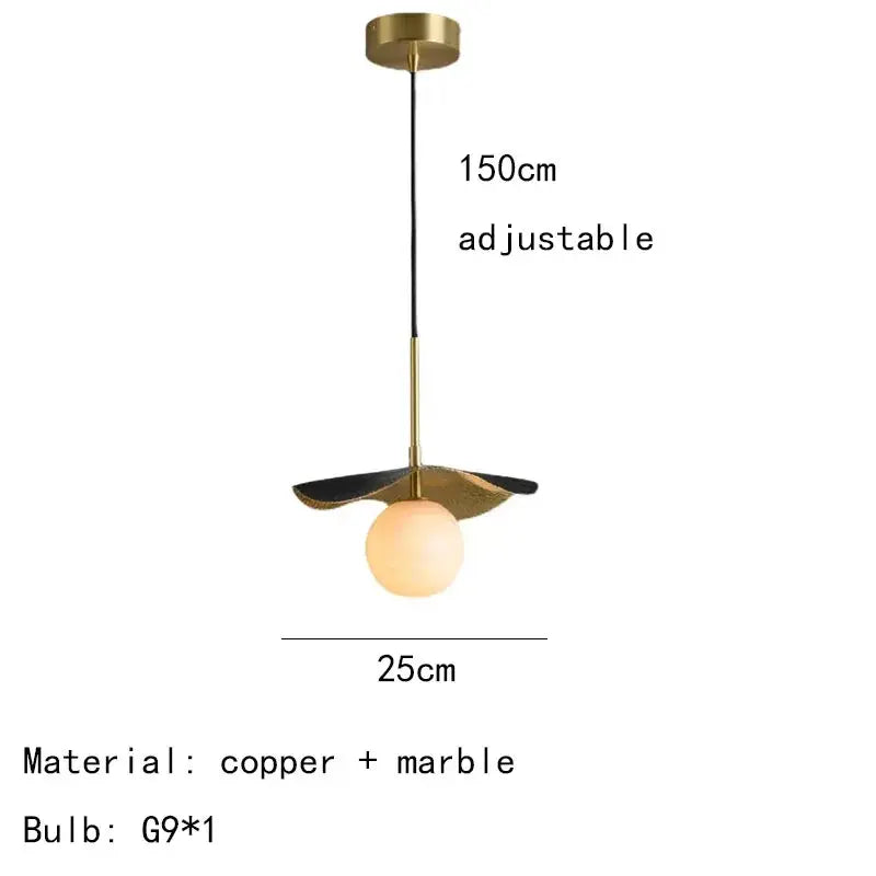 Modern copper bedside chandelier by decorbites with brass-finished copper frame marble accents and adjustable chain