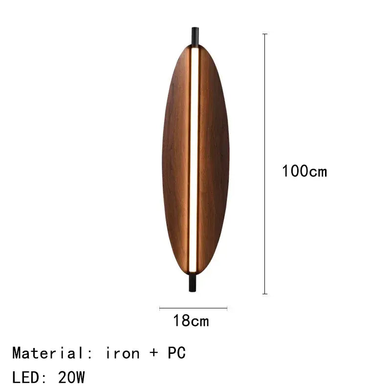 Modern copper brown metal leaf wall sconce with warm wood-grain finish and central led strip lighting for decorbites brown metal decor
