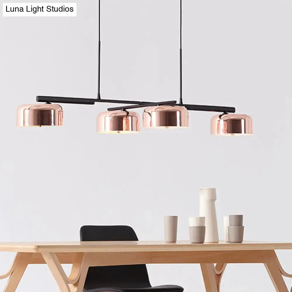Decorbites contemporary metal drum island copper ceiling light with four dome-shaped fixtures and sleek black bar