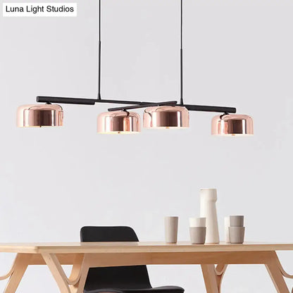 Decorbites contemporary metal drum island copper ceiling light with four dome-shaped fixtures and sleek black bar