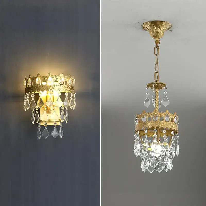 Gold-toned decorbites copper crystal chandelier with clear crystal droplets and ornate detailing for modern living room lighting