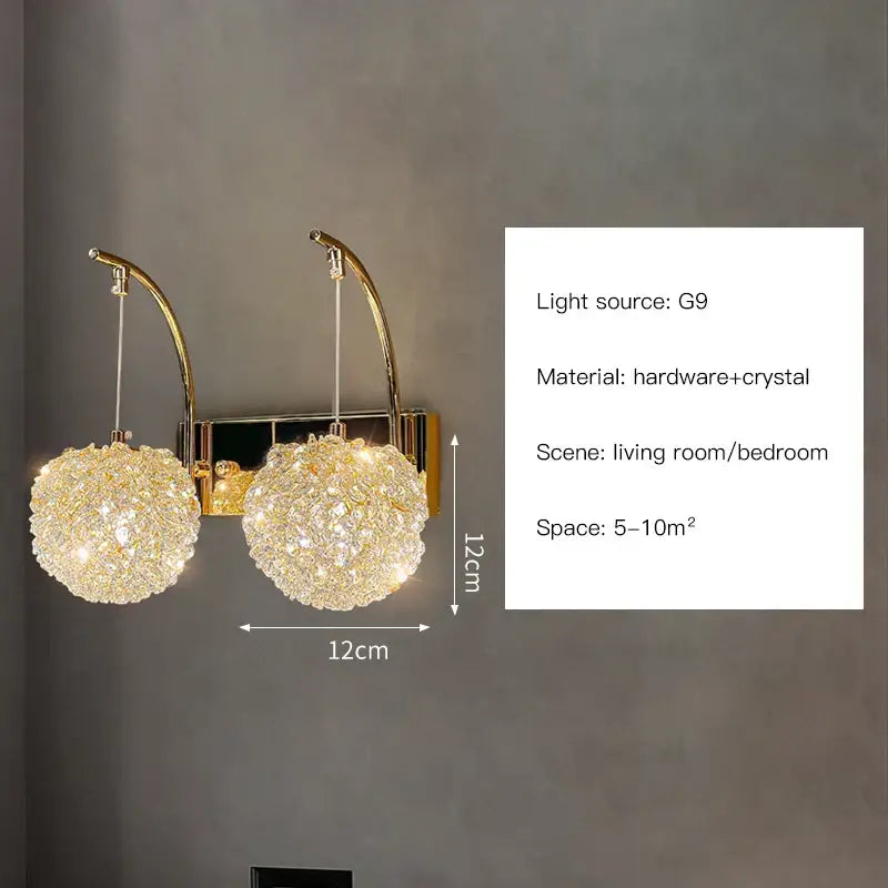 Modern copper crystal wall sconce with gold-toned finish and two spherical crystal clusters for living room decorbites crystal wall lighting