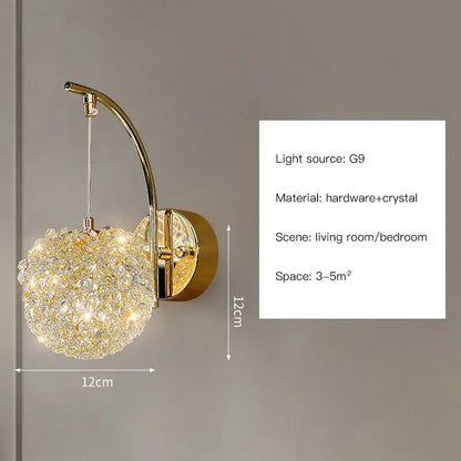 Modern copper crystal wall sconce with gold-toned arched arm and spherical crystal cluster for living room decorbites crystal wall lighting