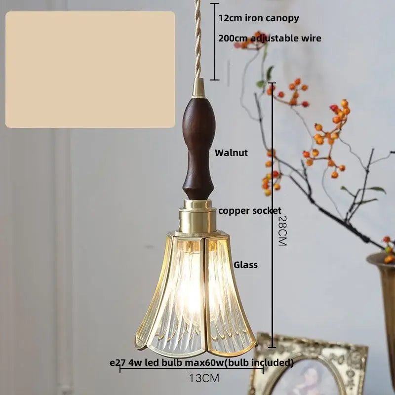 Modern copper cube glass led pendant light with dark walnut handle brass copper socket and ridged glass shade for bedroom decorbites cube glass