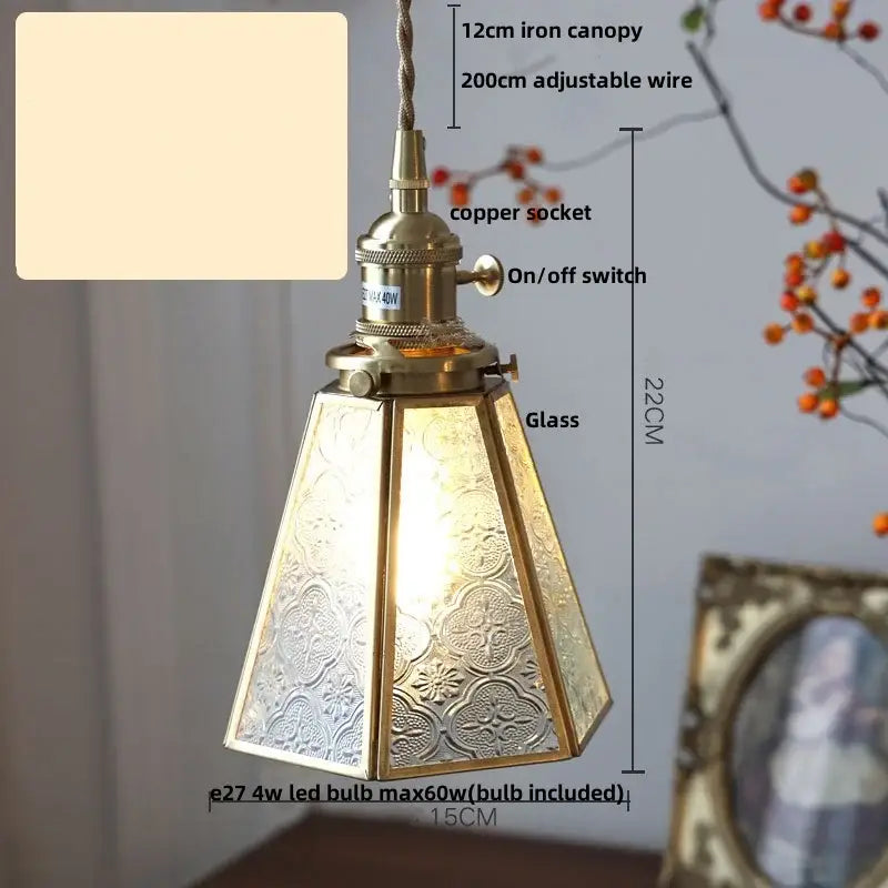 Modern copper cube glass led pendant light with antique brass finish and embossed floral hexagonal shade by decorbites cube glass