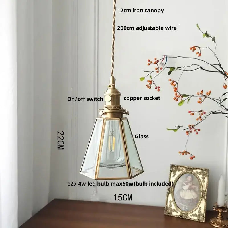 Antique brass finished decorbites cube glass led pendant light with clear panels and visible LED bulb for bedroom decor