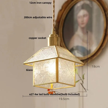 Modern copper cube glass led pendant light with brass frame hexagonal shape and etched glass panels for bedroom decorbites cube glass