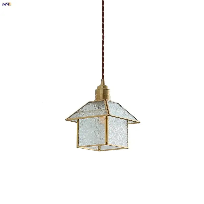 Modern copper cube glass led pendant light with brass frame, textured clear glass panels, and twisted brown cord