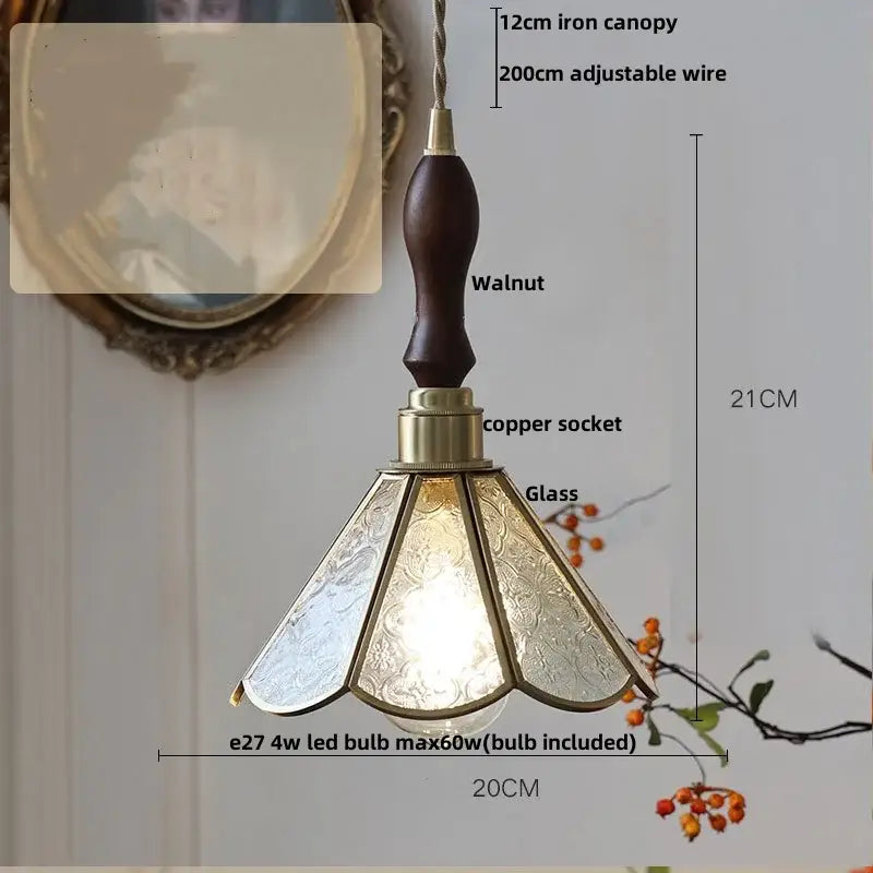 Modern copper cube glass led pendant light with dark walnut iron canopy, brass socket, and etched glass shade for bedroom decorbites cube glass