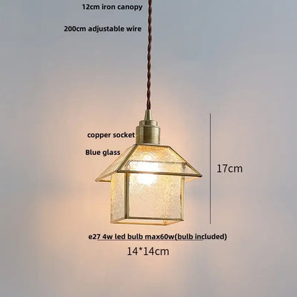 Modern copper cube glass led pendant light with vintage brass iron canopy and blue embossed floral glass panels for bedroom decorbites cube glass