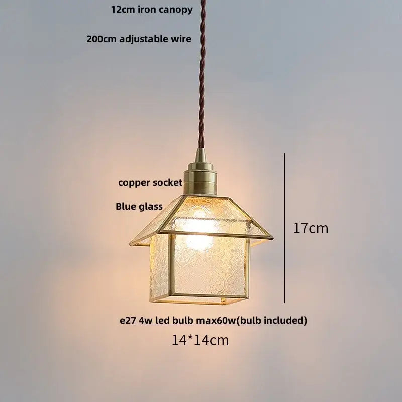 Modern copper cube glass led pendant light with vintage brass iron canopy and blue embossed floral glass panels for bedroom decorbites cube glass
