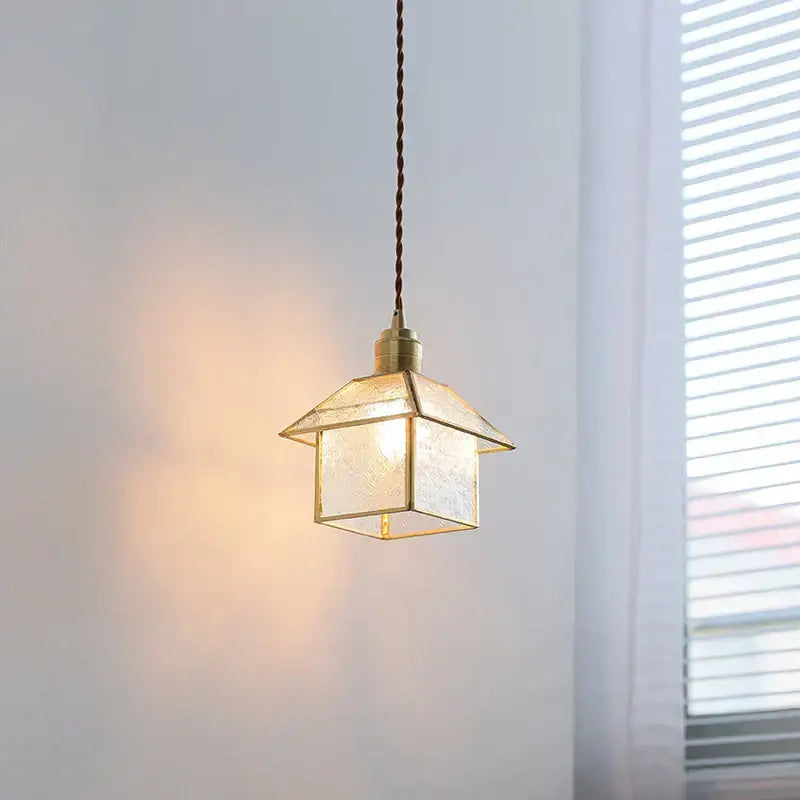 Modern copper cube glass led pendant light with warm-toned brass and textured translucent glass for bedroom decorbites cube glass