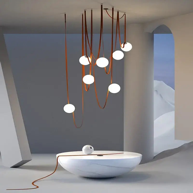 Modern copper decorbites glass ball pendant lamp with spherical white glass bulbs and brown leather cords for dining room